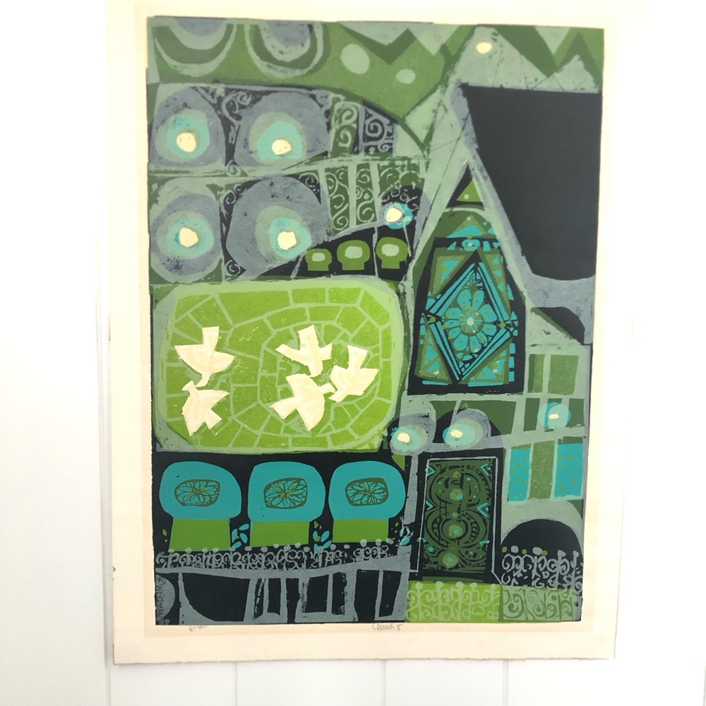 Original 1969 David Weidman Modern Color Green Blue Silkscreen Art Print 20”x26”
